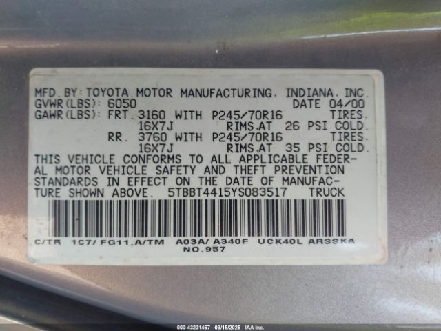 2000 TOYOTA TUNDRA 5TBBT4415YS083517 Photo 8