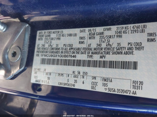 1FMCU9GX1GUB07646 Ford 2016