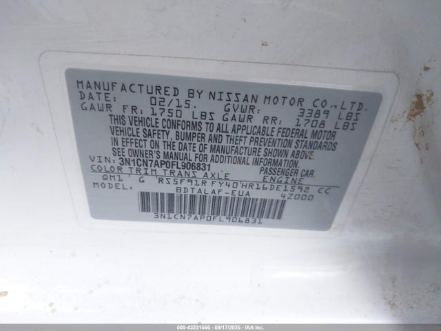 3N1CN7AP0FL906831 Nissan 2015
