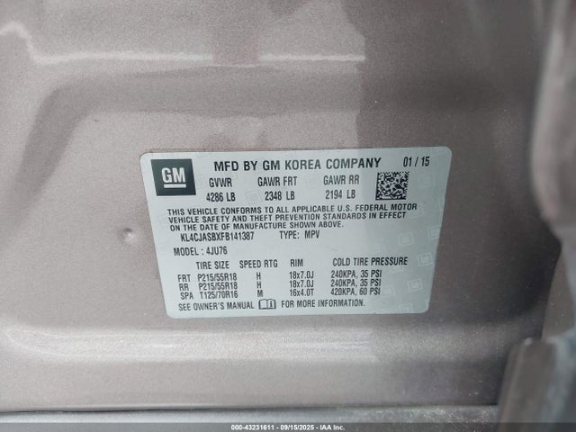 Aukcja sprzedaży 2015 Buick Encore, vin: KL4CJASBXFB141387, numer aukcji: 43231611