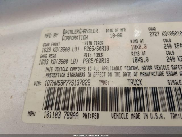 2007 DODGE DAKOTA 1D7HW58P77S137828 Photo 8