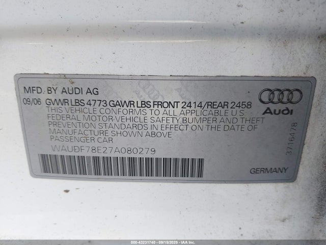 2007 AUDI A4 WAUDF78E27A080279 Photo 8