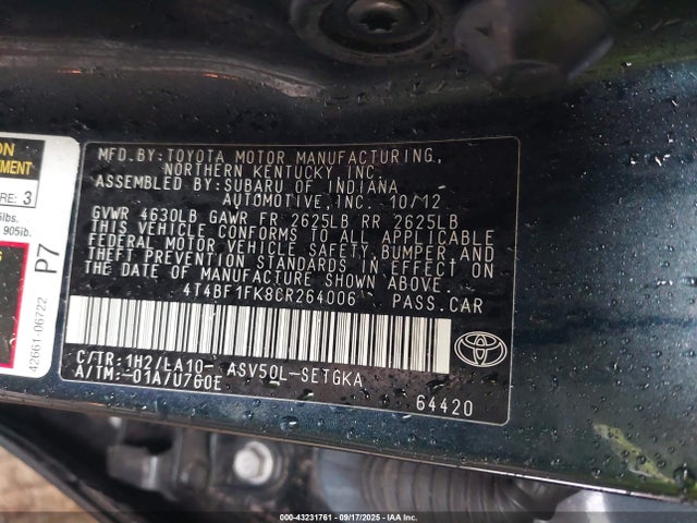 Продаж на аукціоні авто 2012 Toyota Camry Xle, vin: 4T4BF1FK8CR264006, номер лоту: 43231761