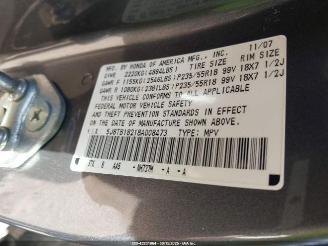 2008 ACURA RDX 5J8TB18218A008473 Photo 8