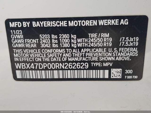 2024 Bmw X3 Sdrive30i მანქანა იყიდება აუქციონზე, vin: WBX47DP00RN262629, აუქციონის ნომერი: 43232262