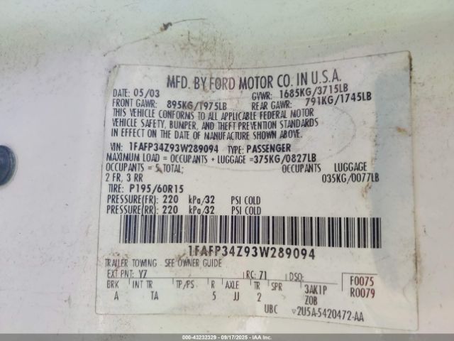 2003 FORD FOCUS 1FAFP34Z93W289094 Photo 8