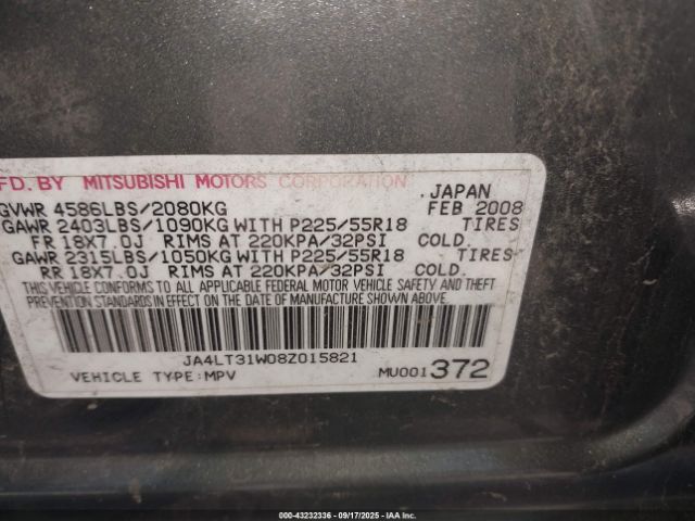 2008 MITSUBISHI OUTLANDER JA4LT31W08Z015821 Photo 8