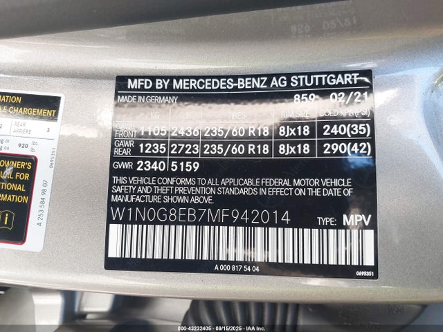 Mercedes-Benz m264 2021 W1N0G8EB7MF942014 Image 9