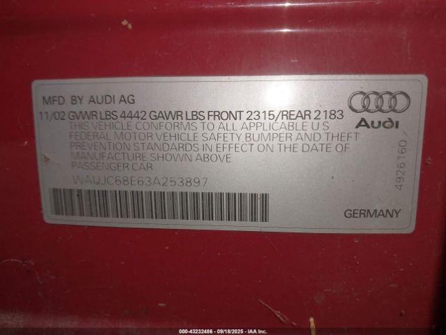 2003 AUDI A4 WAUJC68E63A253897 Photo 8