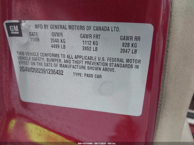 Продажа на аукционе авто 2009 Buick Lacrosse Cxl, vin: 2G4WD582391236432, номер лота: 43232498