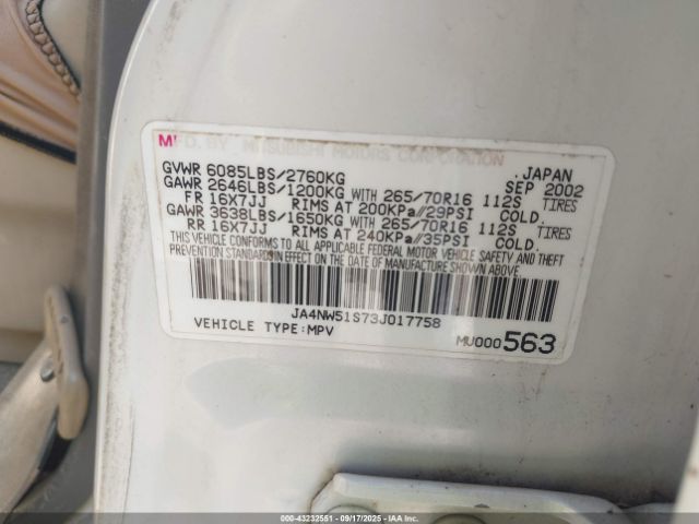 2003 MITSUBISHI MONTERO JA4NW51S73J017758 Photo 8