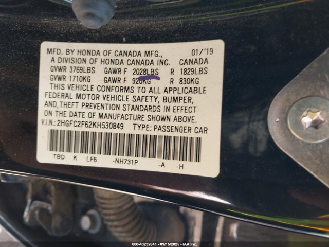 Honda k20c2 2019 2HGFC2F62KH530849 Image 9