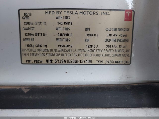 2016 TESLA MODEL S 5YJSA1E20GF137408 Photo 8