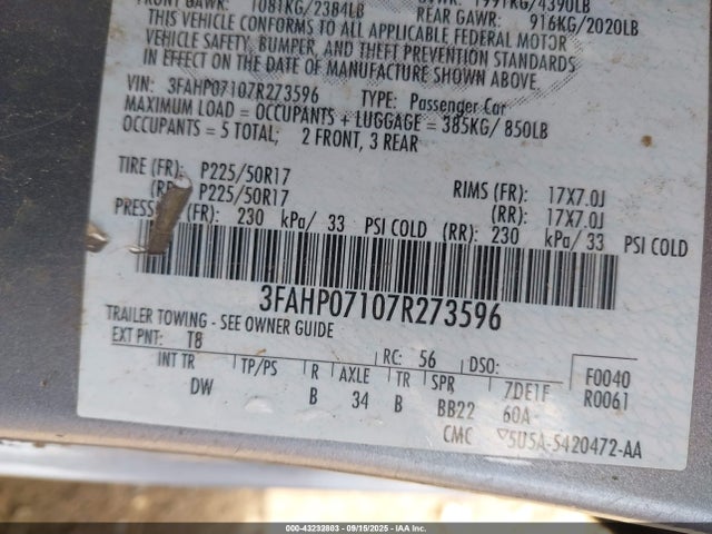 2007 FORD FUSION 3FAHP07107R273596 Photo 8