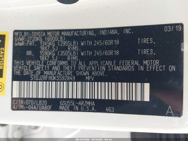 5TDJZRFH0KS592849 Toyota Highlander Xle