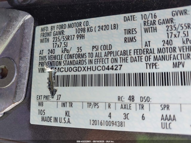 Продажа на аукционе авто 2017 Ford Escape Se, vin: 1FMCU0GDXHUC04427, номер лота: 43232901