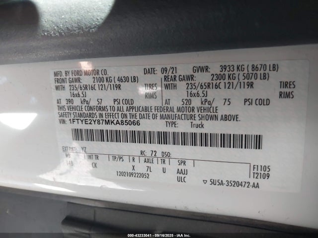 Ford 3.5l v6 cyclone 2021 1FTYE2Y87MKA85066 Image 9