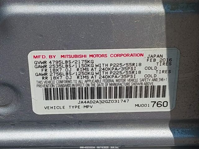 2016 MITSUBISHI OUTLANDER JA4AD2A32GZ031747 Photo 8