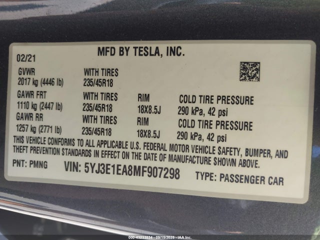2021 TESLA MODEL 3 5YJ3E1EA8MF907298 Photo 8