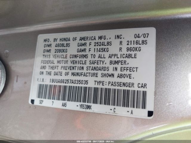 2007 ACURA TL 19UUA66257A035035 Photo 8