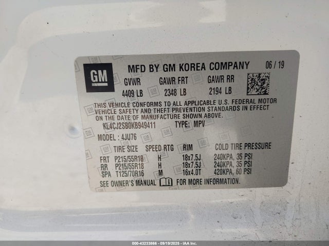 KL4CJ2SB0KB949411 Buick luv: mfi, variable valve timing, alum, e85 max