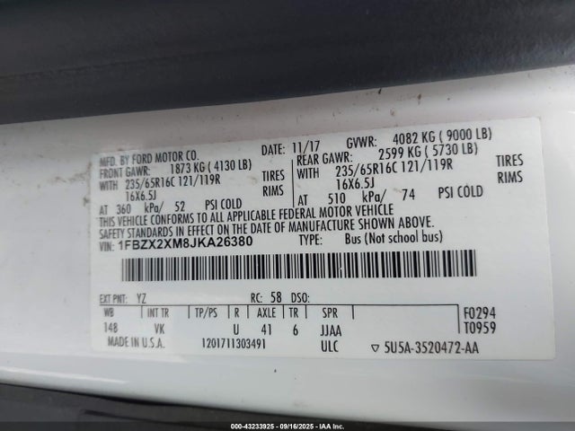 1FBZX2XM8JKA26380 Ford Transit