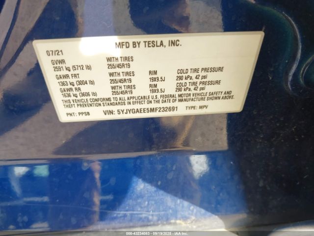 2021 TESLA MODEL Y 5YJYGAEE5MF232691 Photo 8