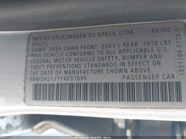 Aukcja sprzedaży 2000 Volkswagen Golf Gls 1.8l Turbo, vin: 9BWGH21J7Y4037695, numer aukcji: 43234155