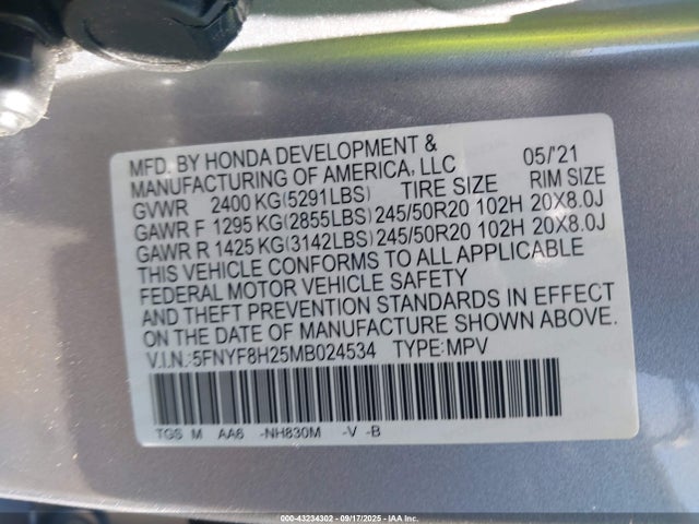 Honda j35y6 2021 5FNYF8H25MB024534 Image 9