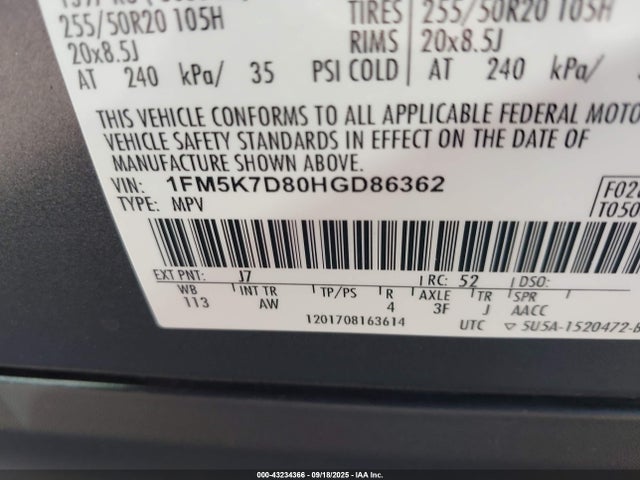 Ford 3.5l ti-vct 2017 1FM5K7D80HGD86362 Image 9