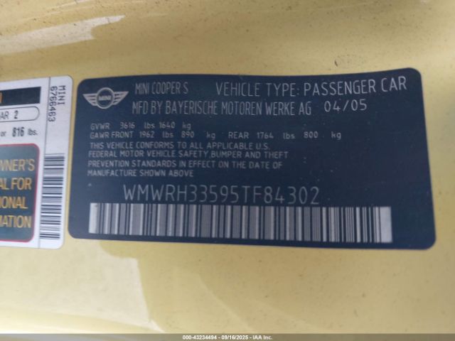 2005 MINI COOPER S WMWRH33595TF84302 Photo 8