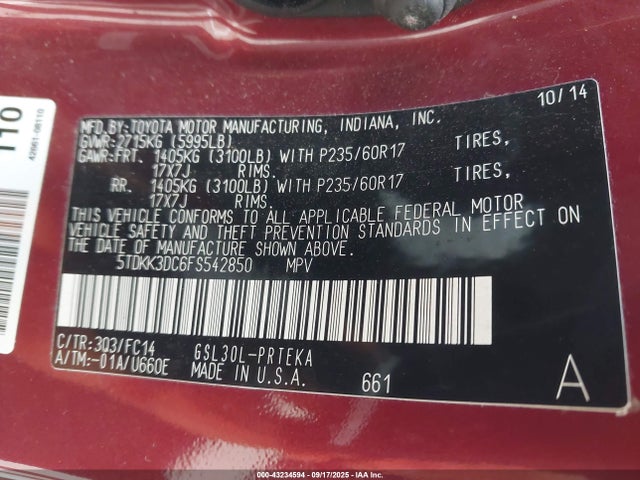 5TDKK3DC6FS542850 Toyota 2gr-fks