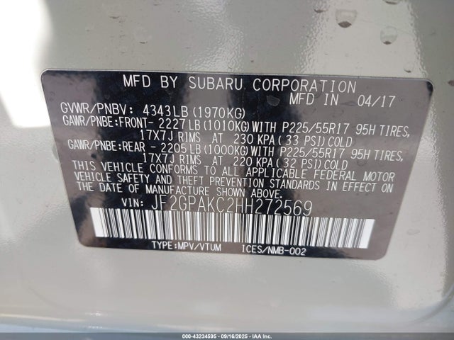 JF2GPAKC2HH272569 Subaru naturally aspirated