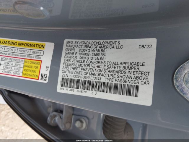 2022 HONDA ACCORD 1HGCV1F38NA073643 Photo 8