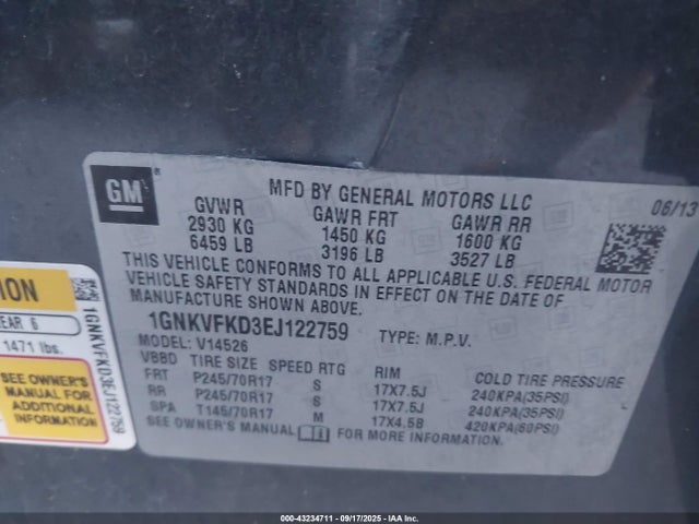 Chevrolet llt 2014 1GNKVFKD3EJ122759 Image 9