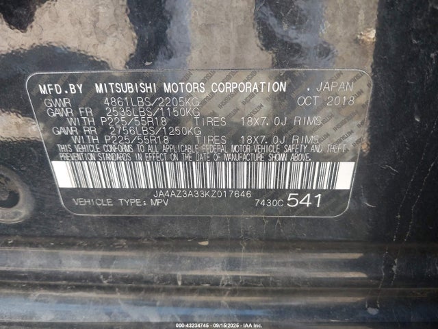 Продаж на аукціоні авто 2019 Mitsubishi Outlander Es, vin: JA4AZ3A33KZ017646, номер лоту: 43234745