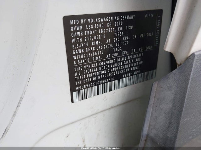 WVGBV7AX1GW583213 Volkswagen TIGUAN S