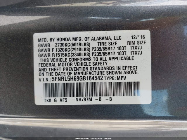 5FNRL5H69GB164542 Honda j35z8