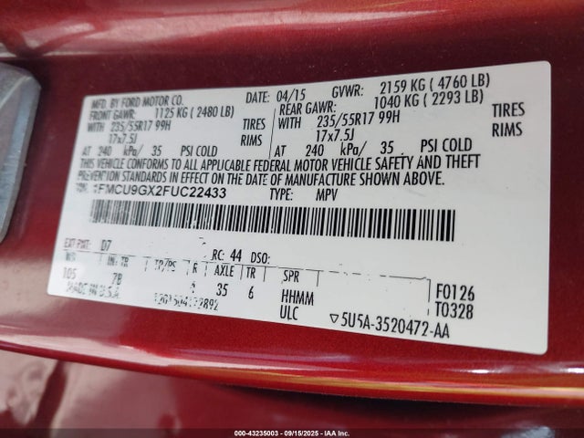 Ford Escape 2015 1FMCU9GX2FUC22433 Image 9