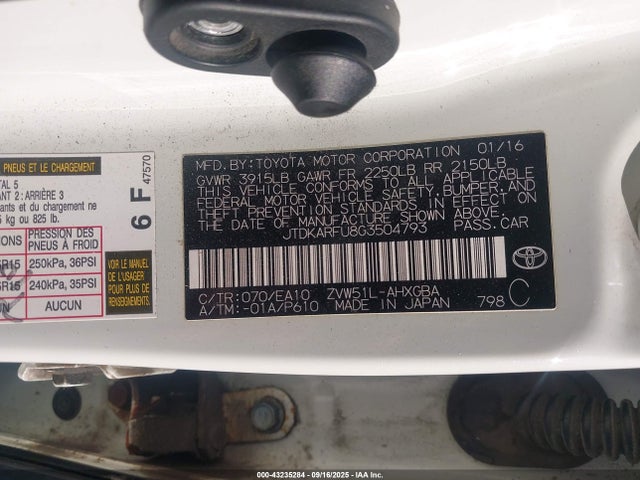 JTDKARFU8G3504793 Toyota 2zr-fxe,1nm