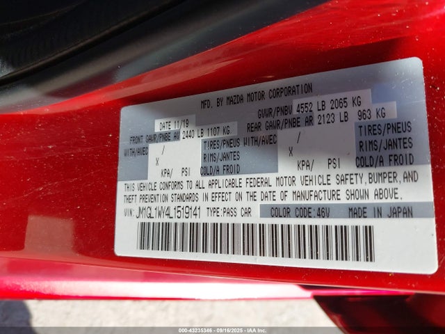 Aukcja sprzedaży 2020 Mazda Mazda6 Grand Touring Reserve, vin: JM1GL1WY4L1519141, numer aukcji: 43235346