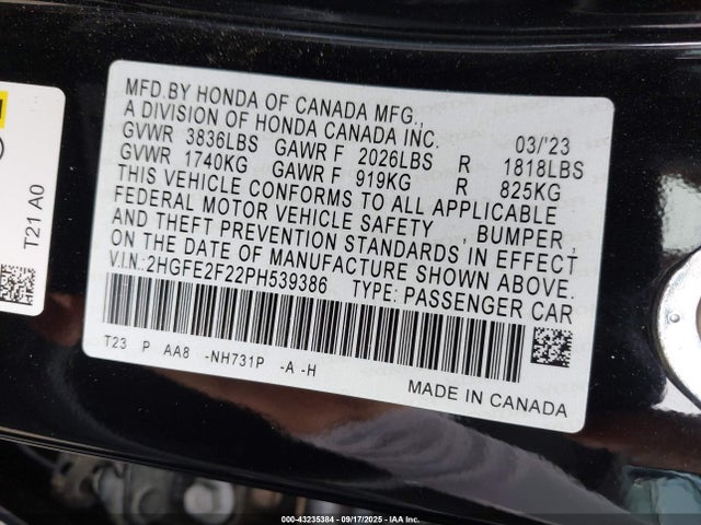 Honda k20c2 2023 2HGFE2F22PH539386 Image 9