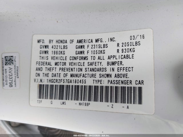 1HGCR2F57GA180455 Honda k24w1