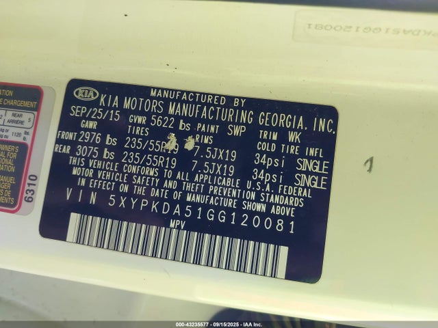 KIA dohc gdi lambda ii 2016 5XYPKDA51GG120081 Image 9
