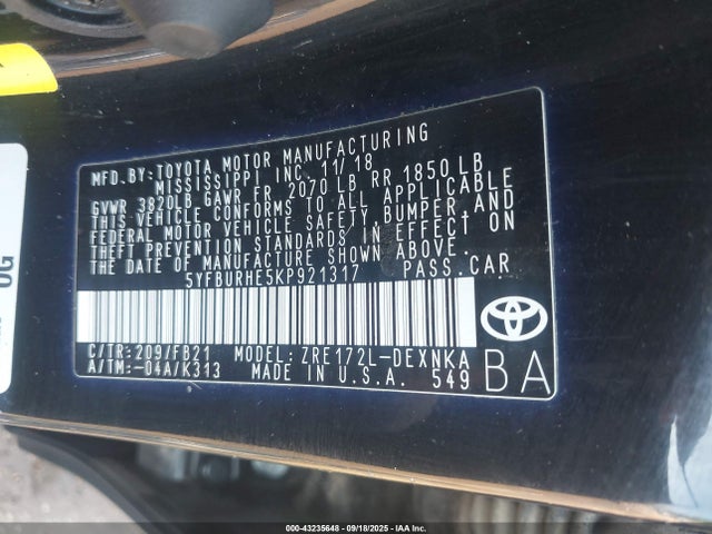 5YFBURHE5KP921317 Toyota 2zr-fe