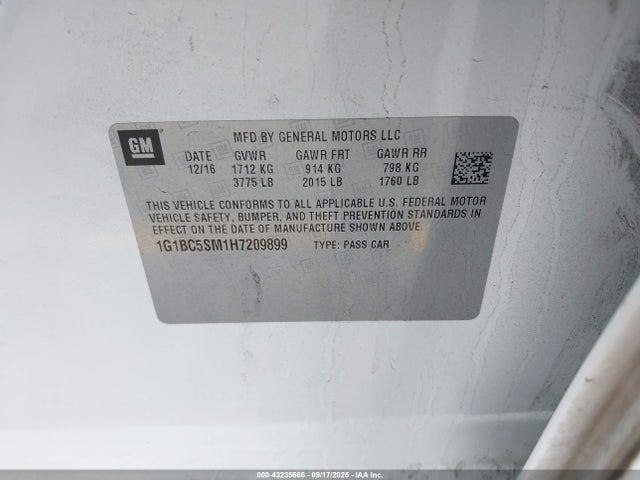 1G1BC5SM1H7209899 Chevrolet le2 -di: direct injection, vvt: variable valve timing, gen, alum