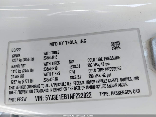 2022 TESLA MODEL 3 5YJ3E1EB1NF222022 Photo 8