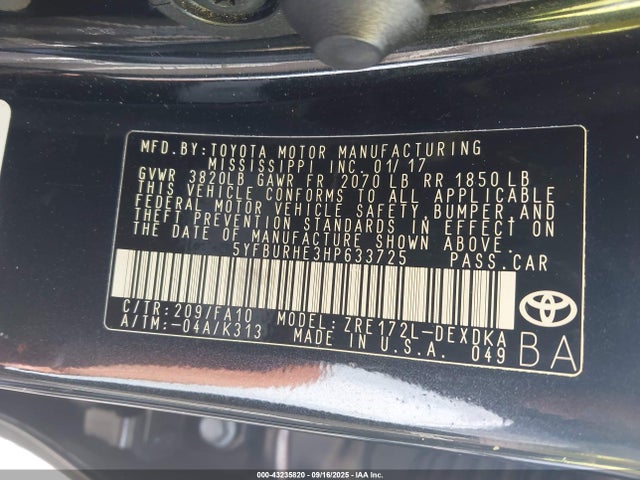 Aukcja sprzedaży 2017 Toyota Corolla L, vin: 5YFBURHE3HP633725, numer aukcji: 43235820