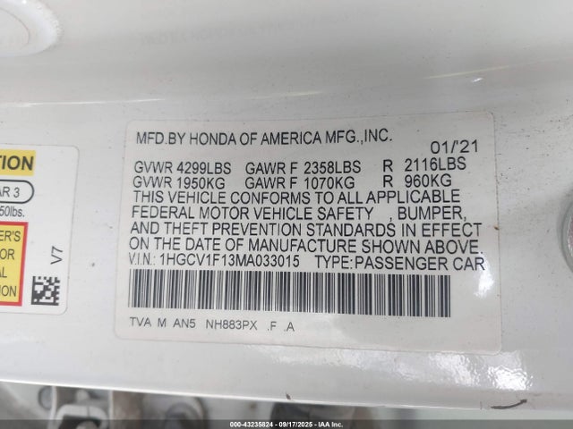 1HGCV1F13MA033015 Honda l15be