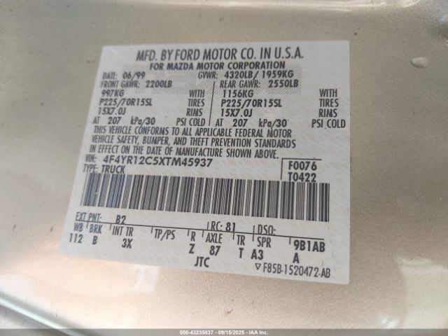 1999 MAZDA B2500 4F4YR12C5XTM45937 Photo 8